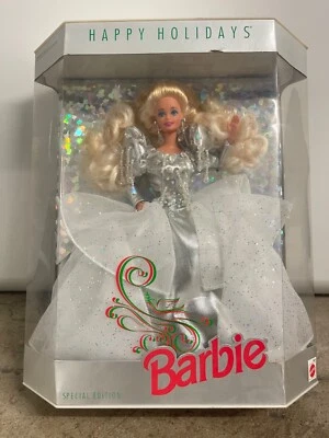 Mattel 01429 Happy Holidays BARBIE 1992 Special Edit SILVER dress RARE white top - Image 1 of 3