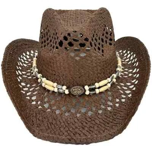 Adult BROWN Paper Straw COWBOY HAT w/ Beads Shapeable WESTERN Cowboy Cowgirl - Picture 1 of 5