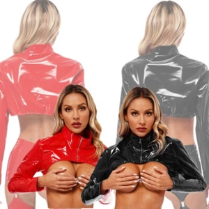 Women's Shrug Glossy Crop Top Slim T-shirt Long Sleeve Blouse Stage Performance - Picture 1 of 27