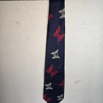 VINTAGE - Villa Di Oro Made in Italy Navy Blue with White & Red Butterflies Tie - Image 1 of 4