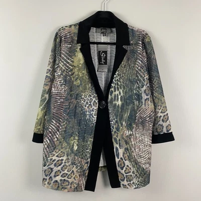 Chaqueta Cárdigan Marca Slinky Talla 1X Estampado Animal Mangas 3/4 Un Botón Foto 1 de 4
