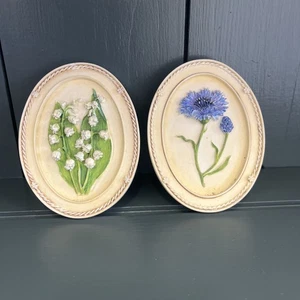 Vintage 3D Floral Porcelain Wall Plaques Set Lily of the Valley Cornflower x2 - Picture 1 of 6