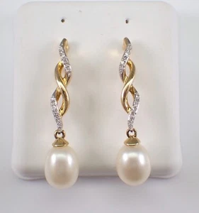 Pendientes colgantes de perlas y diamantes de oro amarillo piedra de nacimiento de junio boda - Imagen 1 de 5