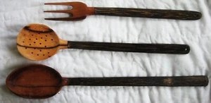 Juego de 3 utensilios para servir madera tallados a mano de 13 a 17"" tenedor de cuchara descremado - Imagen 1 de 3