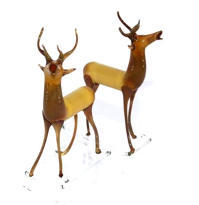 Vintage German Handblown Glass 4 Point Stag Figurine Pair Amber and Brown 1930s - Picture 1 of 12