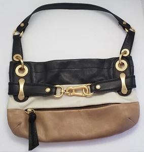 B Makowsky Leather Shoulder Bag New Gold Tone Hardware Soft Pebble Blk Ivory Tan - Bild 1 von 10