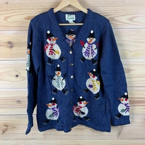 Vtg 90s The Quacker Factory Cardigan Snowman Winter Jingle Bell Ramie Sweater - Picture 1 of 10