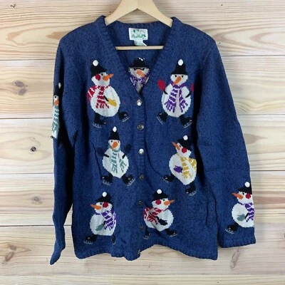 Vtg 90s The Quacker Factory Cardigan Snowman Winter Jingle Bell Ramie Sweater - Image 1 of 4