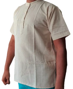 Linen Cotton Collarless Grandad Kurta Kurtha Shirt Half Sleeve Yoga Wear - Bild 1 von 4