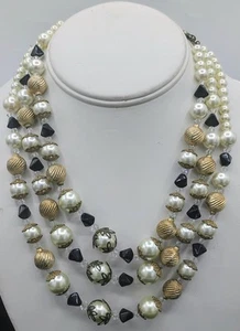 Vtg Japan Necklace 3 Strand Black, Gold,Cream Pearls Beads 14- 15"/3" Extension - Picture 1 of 6