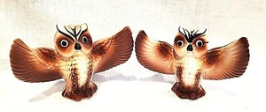Owls Salt & Pepper Shakers VTG Brown 4" Wingspread 3" Tall Ceramic Birds - Picture 1 of 7
