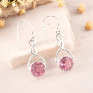 Genuine Pink Tourmaline 925 Sterling Silver Earrings, Bohemian Jewelry 1.68" - Picture 1 of 8