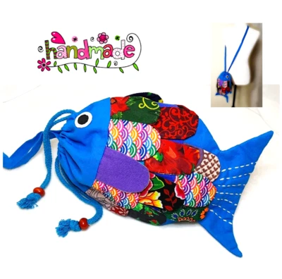 New Patchwork Fish Blue Crossbody Bag Fabric Tote Drawstring Red Purple Lined - Image 1 of 4