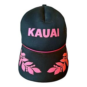 KAUAI Hawaii Black SnapBack Trucker Hat Pink Leaf Rope Foam Vented Mesh 