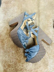 REPORT Platform 70s Rockabilly Pinup Girl Hippie Boho Blue Vegan Disco Heels 6.5 - Picture 1 of 10