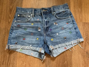 AEO American Eagle ‘90s Boyfriend Short Blue Denim Embroidered Size 2 Rainbow - Picture 1 of 4