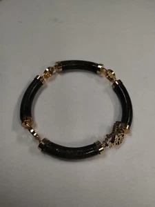 VINTAGE Bracelet Asian CHINESE GREEN JADE GOLD TONE METAL #49 - Picture 1 of 7