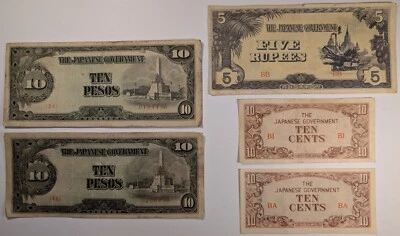 Japanese Gov. WW2 Occupation Currency - 10 Pesos; 5 Rupees; 10 Cents - Lot of 5 - Image 1 of 2