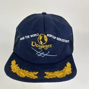 Vtg VOYAGER Around the World Non-Stop Leaf Trucker Cap Hat Mesh Snapback Blue - Picture 1 of 3