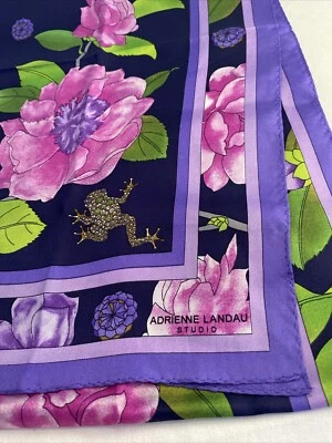Adrienne Landau Silk Scarf Vibrant Pink & Purple Floral  W/ Butterflies & Bees - Image 1 of 4