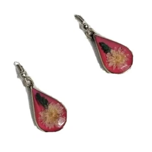 Artisan Handmade Epoxy Real Flower Earring Pink White Green Alpaca Mexico New - Picture 1 of 11