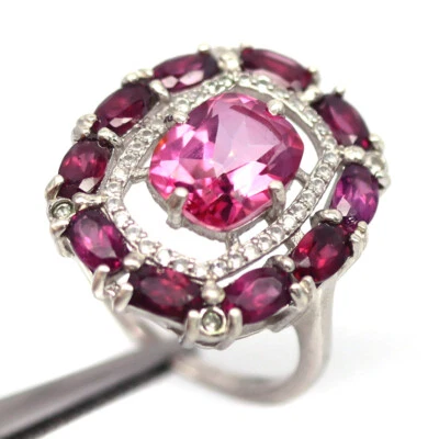 925 Silver 8 x 10 MM. Pink Mystic Topaz, Rhodolite & Zircon Jewelry Ring Size 8 - Image 1 of 4