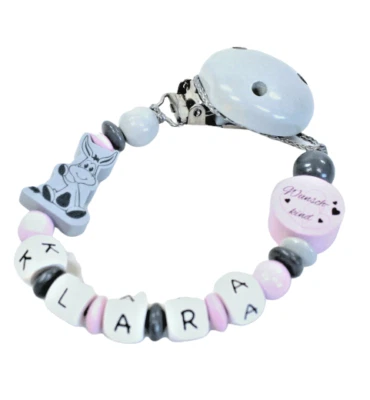 Schnullerkette mit Namen Esel Mädchen Schnullerhalter rosa grau - Bild 1 von 4