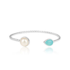 Aqua Chalcedony Pearl Gemstone Twisted Design 925 Fine Silver Cuff Bracelet