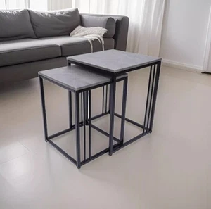 Set of 2 Grey Marble Effect Nesting Tables Metal Frame Coffee Side Tables Living - Picture 1 of 4
