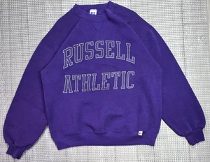 Vtg Russell Athletic Crewneck L Purple Sweatshirt Logo Spellout Fleece USA Made - Picture 1 of 12