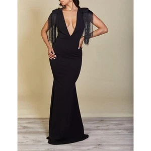 Symphony Black Fringe Gown SMALL Bodycon Maxi Dress Plunging Formal Mermaid NEW - Picture 1 of 7