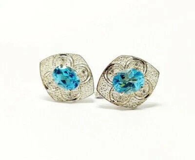 Cufflinks In Topazio Blu Svizzero Argento 7x9 Mm Ovali Per Uomini Matrimonio - Immagine 1 di 4