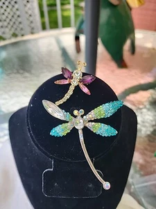 Two Crystal Rhinestone Dragonfly Brooch Pins Sparkling Iridescent Insects  - Picture 1 of 11