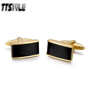 High Quality TTstyle 18K Gold GP 316L Stainless Steel Black Rectangle Cufflinks