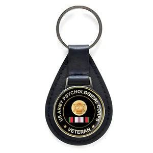 US Army Psychological Corps Veteran Black Leather Keychain Silver Keyring - Bild 1 von 3