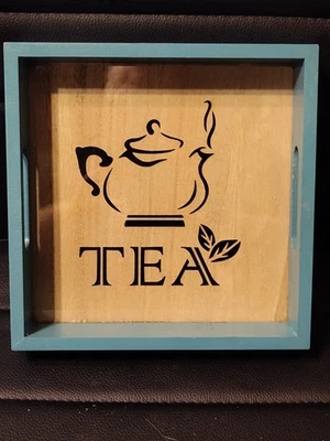 装饰方形木质餐盘带手柄 8 英寸 x 8 英寸 x 1.5 英寸茶蓝色框架 — 第 1/4 张图片