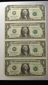 Bureau of Engraving and Printing UNCUT SHEET OF (4) 2001 ONE DOLLAR BILLS NY $1 - Picture 1 of 3