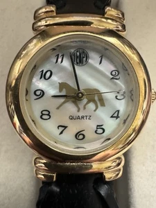 Tempi Equestrian Watch Woman Horseshoe Case MOP Look Dial Black Leather ~8” SEE - Picture 1 of 14