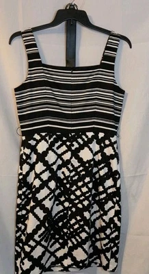 David Meister Abstract Print Square Neck Dress Black White Belted Size 12 Lined - Image 1 of 4