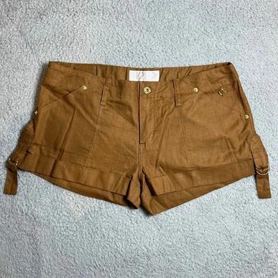 Baby Phat Women's Brown Linen Blend Shorts with Gold Cat Charm Size 11 NWT - Image 1 of 4