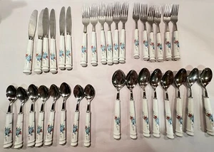 SET OF 33 NORITAKE BLEUFLEUR STAINLESS JAPAN FORK SPOON KNIFE Porcelain Handle - Picture 1 of 11