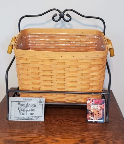 Longaberger Newspaper Basket, Divided Protector & Wrought Iron Stand Cover