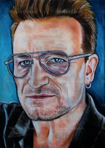 Ritratto Bono Vox Paul Hewson U2 pastelli su cartoncino disegnato a mano - Foto 1 di 4
