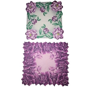 Vintage Hankerchiefs Purple Roses & Peonies Lot Of 2 Cut-out Hand Rolled Hem - Picture 1 of 10