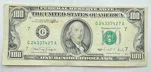 1990 Vintage Franklin Off Center $100 Note - Chicago - G - 100 - Hundred $ Bill - Picture 1 of 2