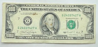 1990 Vintage Franklin Off Center $100 Note - Chicago - G - 100 - Hundred $ Bill - Image 1 of 2