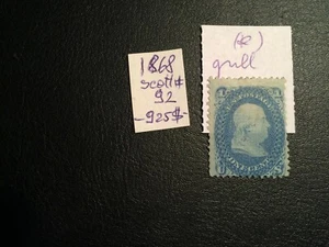 United States stamp 1868 Franklin 1c blue F Grill Scott # 92 MNG High Value - Picture 1 of 2
