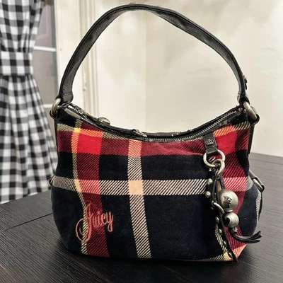 Juicy Couture Y2K Velour Red Plaid Purse Shoulder Handbag Retro Fair Condition - Image 1 of 4