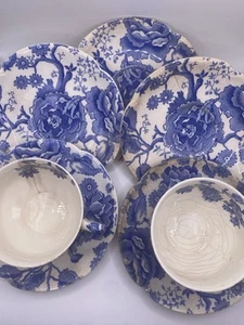 Vintage Teacup And Saucer Lot Johnson Bros English Chippendale Blue White Floral - Picture 1 of 20