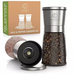 Salt and Pepper Grinder Set - 2 Quality Ceramic & Glass Mills - Olivers Kitchen - Picture 1 of 12